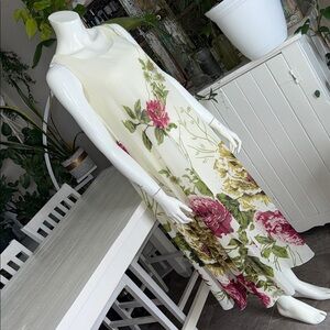 Floral boho Sleeveless Maxi Dress - Cream with Pink & Green Floral Print Med